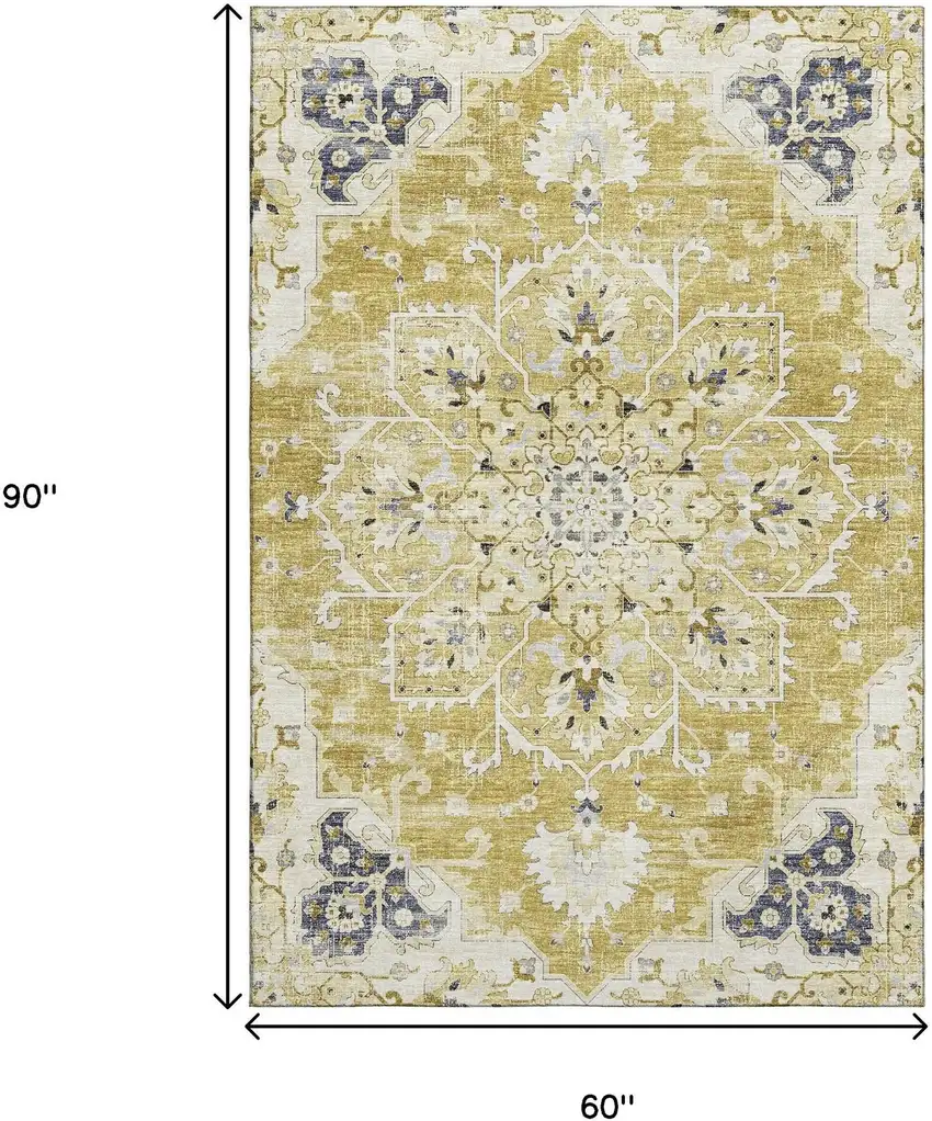 Gold Ivory And Blue Floral Medallion Washable Area Rug With UV Protection Photo 3