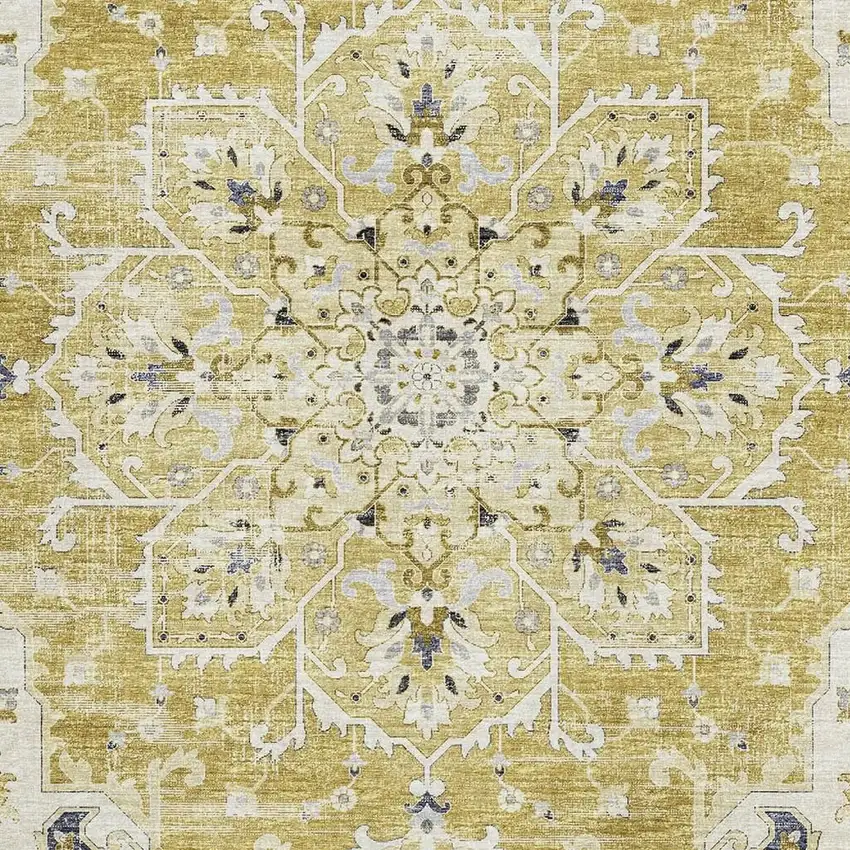 Gold Ivory And Blue Floral Medallion Washable Area Rug With UV Protection Photo 5
