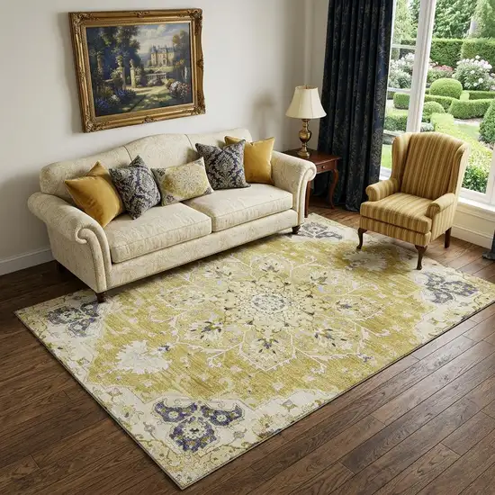 Gold Ivory And Blue Floral Medallion Distressed Washable Area Rug With UV Protection Photo 1
