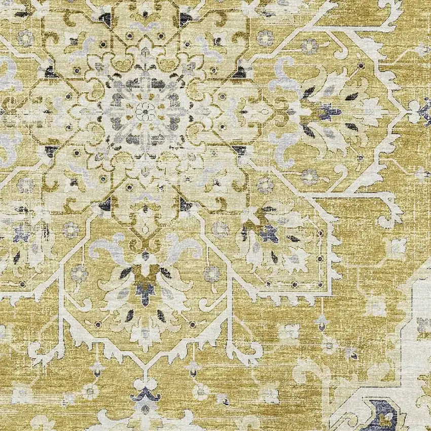 Gold Ivory And Blue Floral Medallion Washable Area Rug With UV Protection Photo 4