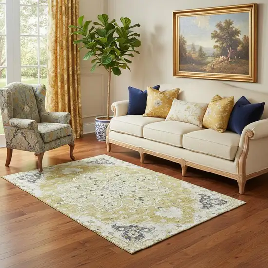 Gold Ivory And Blue Floral Medallion Washable Area Rug With UV Protection Photo 1