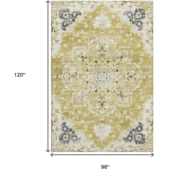 Gold Ivory And Blue Floral Medallion Washable Area Rug With UV Protection Photo 3