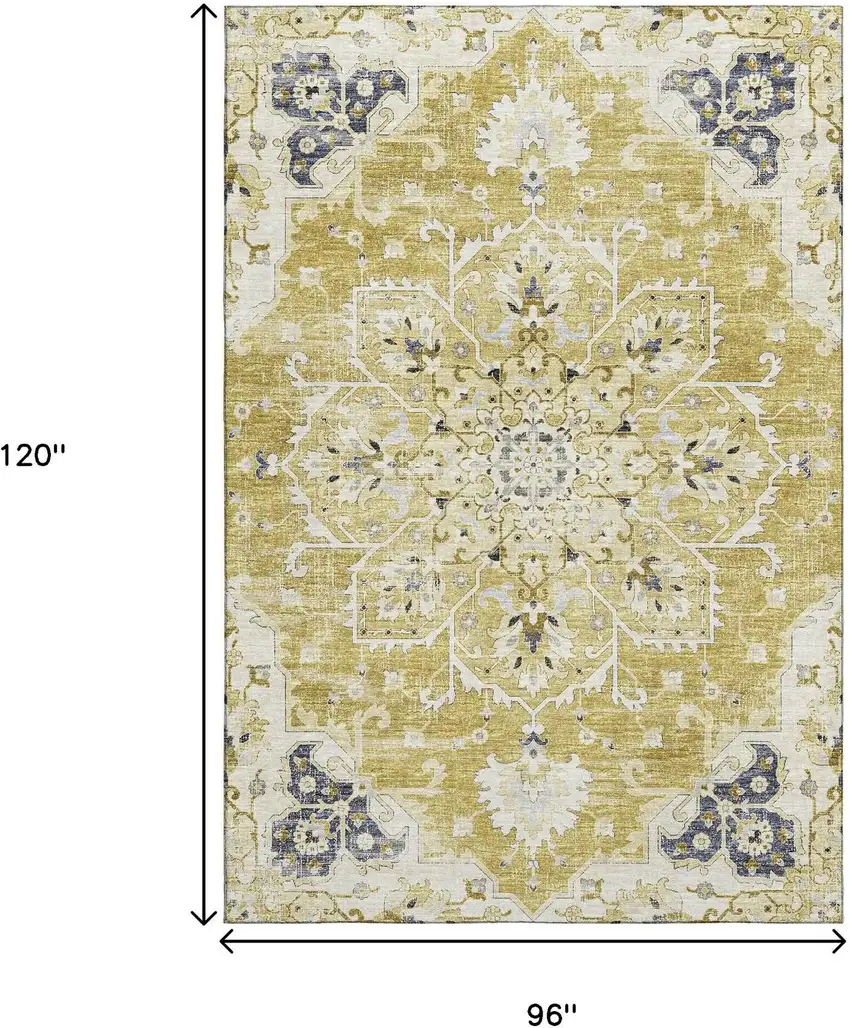 Gold Ivory And Blue Floral Medallion Washable Area Rug With UV Protection Photo 3