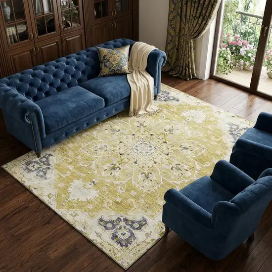 Gold Ivory And Blue Floral Medallion Distressed Washable Area Rug With UV Protection Photo 1