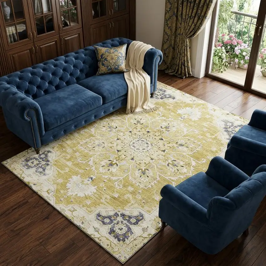 Gold Ivory And Blue Floral Medallion Distressed Washable Area Rug With UV Protection Photo 1