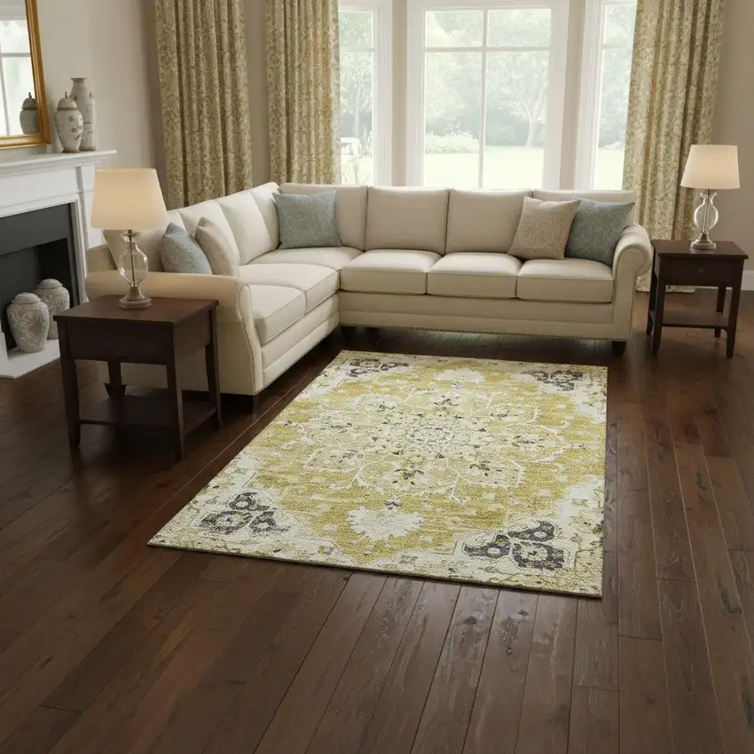 Gold Ivory And Blue Floral Medallion Washable Area Rug With UV Protection Photo 1