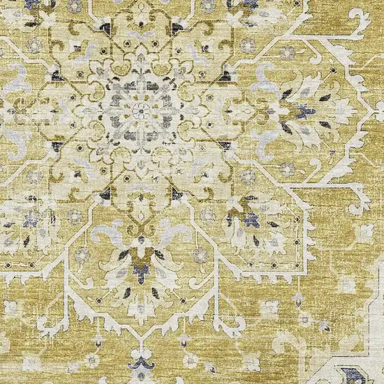 Gold Ivory And Blue Floral Medallion Washable Area Rug With UV Protection Photo 4