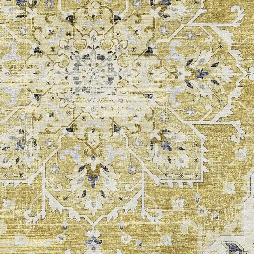 Gold Ivory And Blue Floral Medallion Washable Area Rug With UV Protection Photo 4