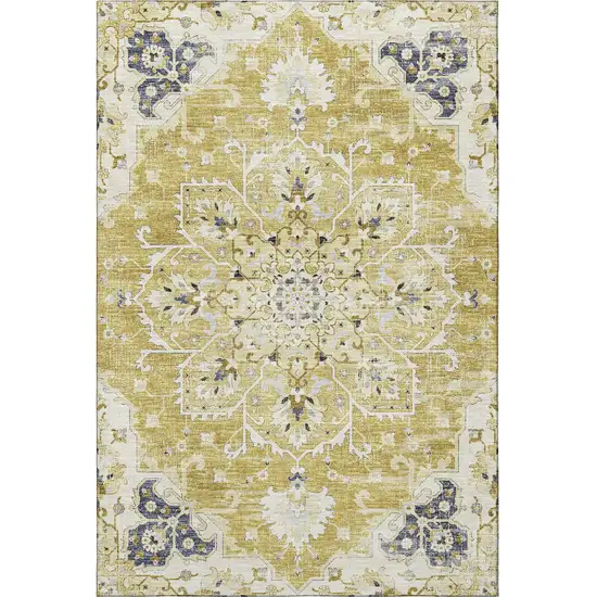 Gold Ivory And Blue Floral Medallion Washable Area Rug With UV Protection Photo 4
