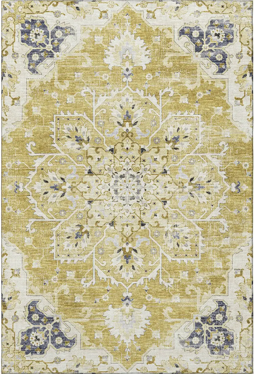Gold Ivory And Blue Floral Medallion Washable Area Rug With UV Protection Photo 4