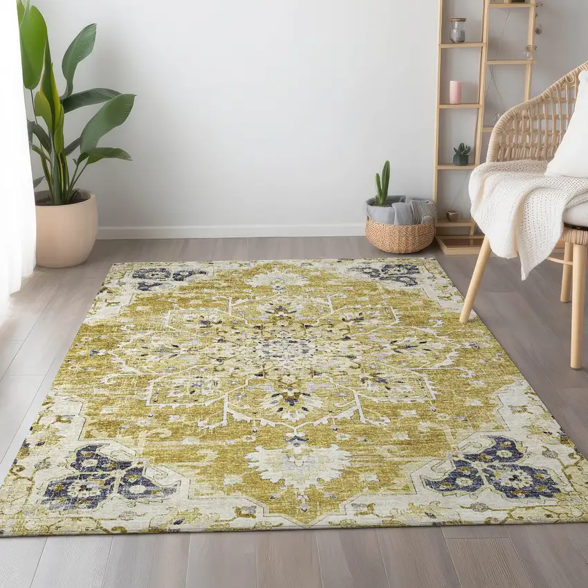 Gold Ivory And Blue Floral Medallion Washable Area Rug With UV Protection Photo 5