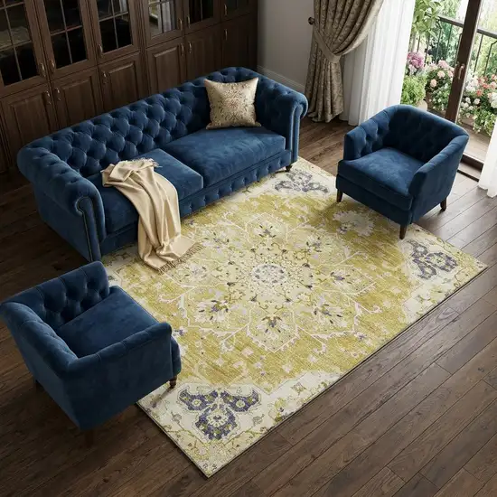 Gold Ivory And Blue Floral Medallion Distressed Washable Area Rug With UV Protection Photo 1
