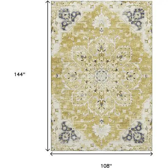 Gold Ivory And Blue Floral Medallion Washable Area Rug With UV Protection Photo 3