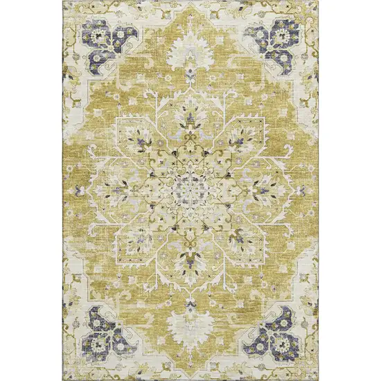 Gold Ivory And Blue Floral Medallion Washable Area Rug With UV Protection Photo 2