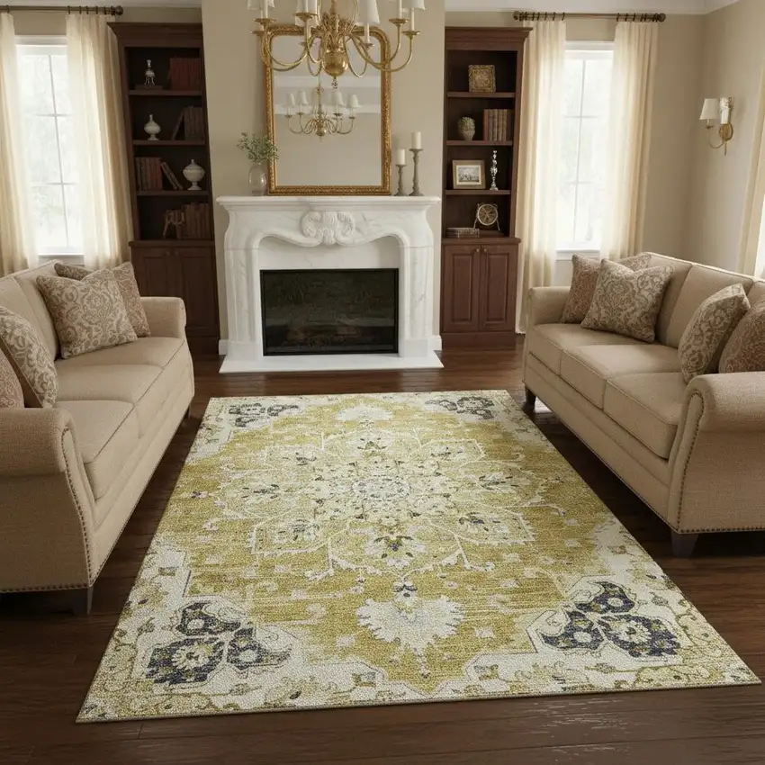 Gold Ivory And Blue Floral Medallion Washable Area Rug With UV Protection Photo 1