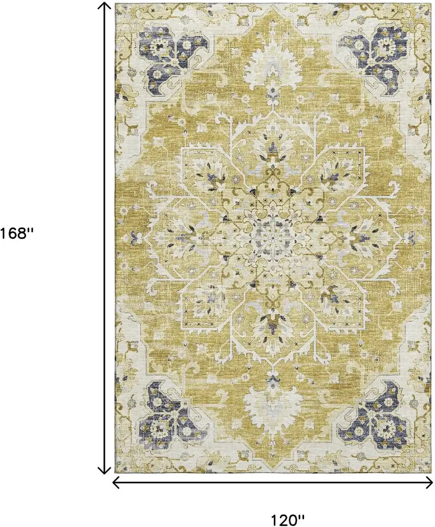 Gold Ivory And Blue Floral Medallion Washable Area Rug With UV Protection Photo 3