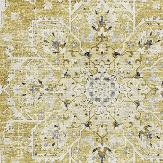 Gold Ivory And Blue Floral Medallion Washable Area Rug With UV Protection Photo 4