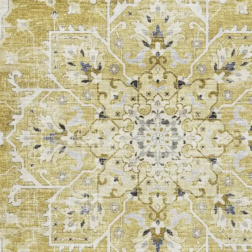 Gold Ivory And Blue Floral Medallion Washable Area Rug With UV Protection Photo 4
