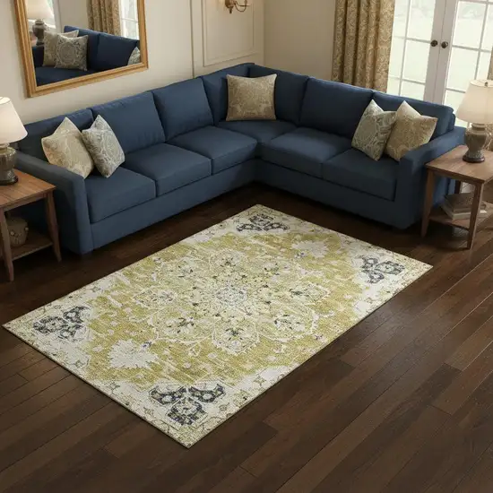Gold Ivory And Blue Floral Medallion Washable Area Rug With UV Protection Photo 1