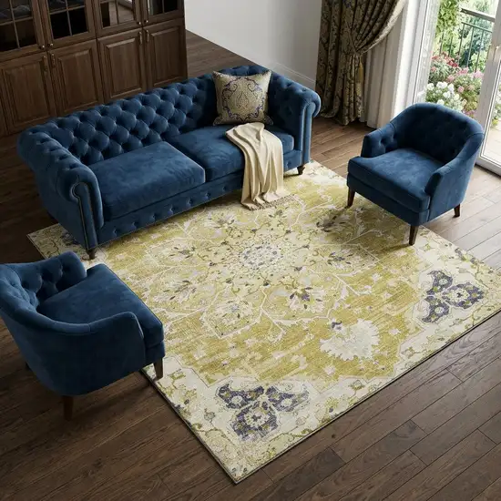 Gold Ivory And Blue Floral Medallion Distressed Washable Area Rug With UV Protection Photo 1