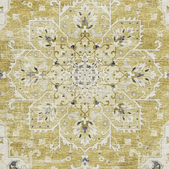 Gold Ivory And Blue Floral Medallion Washable Area Rug With UV Protection Photo 5