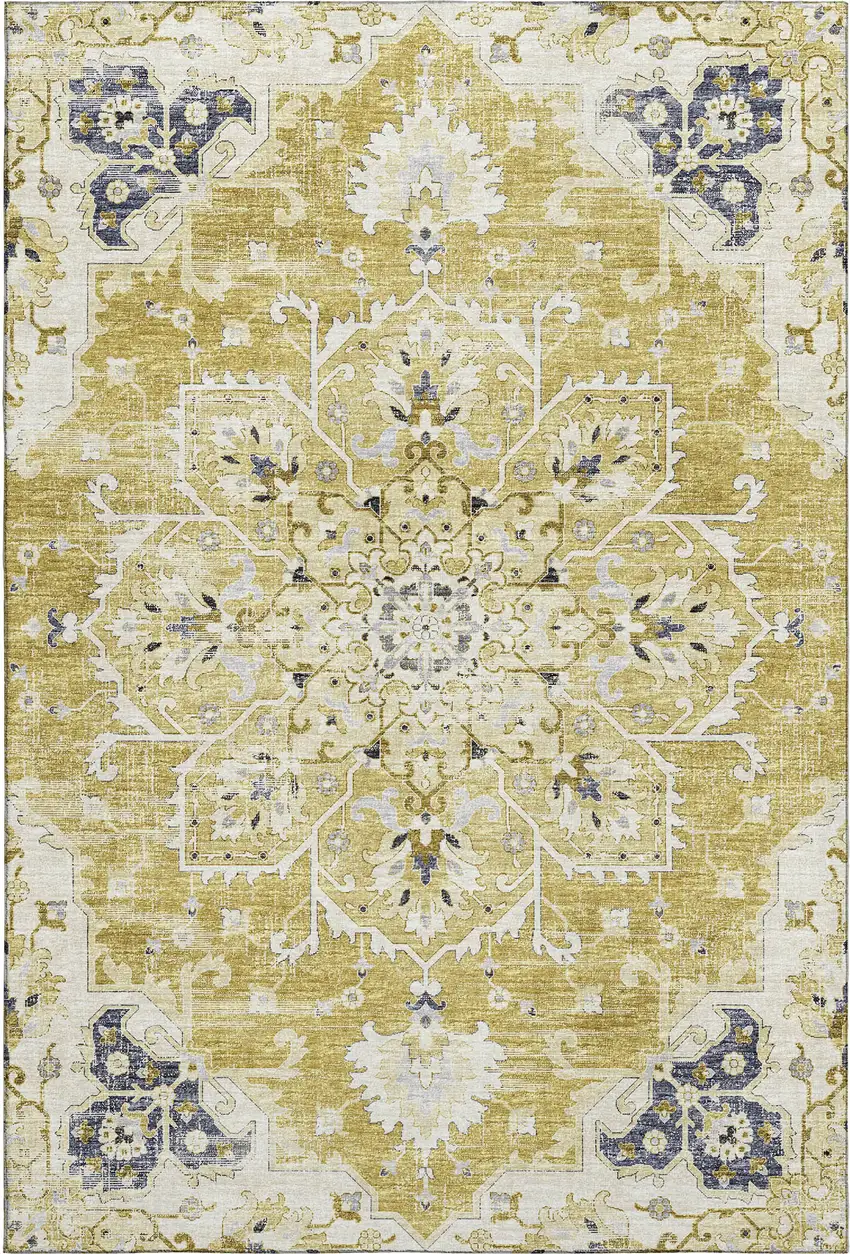 Gold Ivory And Blue Floral Medallion Washable Area Rug With UV Protection Photo 2