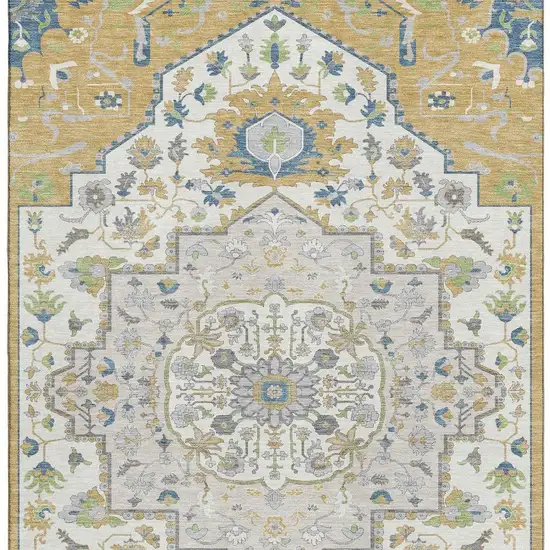 Gold Ivory And Blue Oriental Washable Area Rug With UV Protection Photo 3