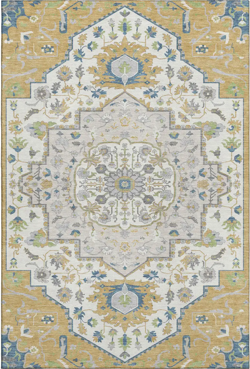 Gold Ivory And Blue Oriental Washable Area Rug With UV Protection Photo 1