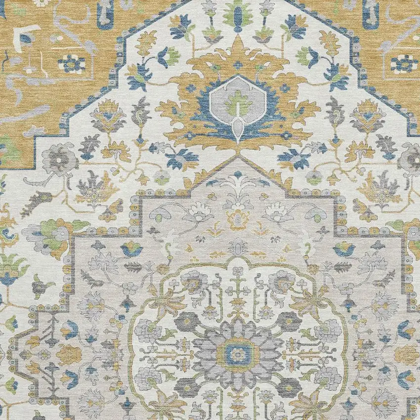 Gold Ivory And Blue Oriental Washable Area Rug With UV Protection Photo 2