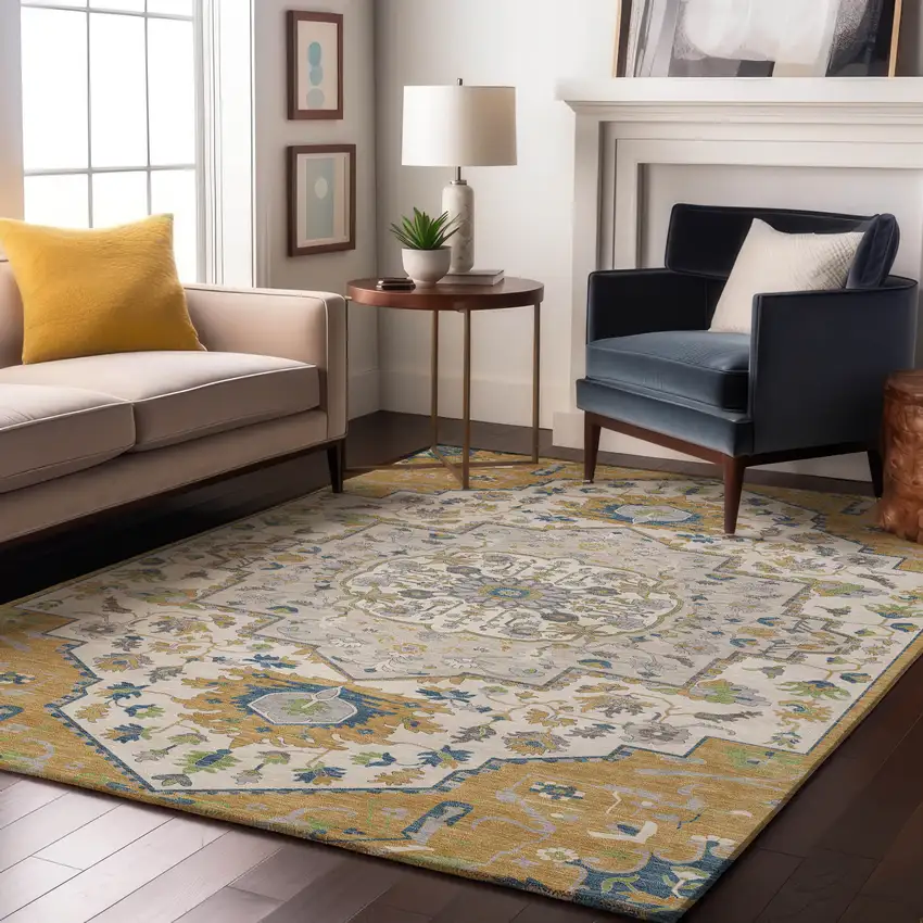 Gold Ivory And Blue Oriental Washable Area Rug With UV Protection Photo 4