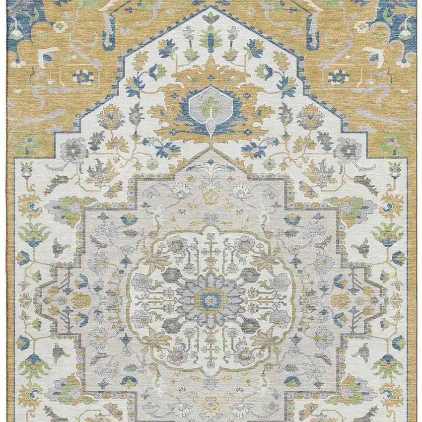 Gold Ivory And Blue Oriental Washable Area Rug With UV Protection Photo 2