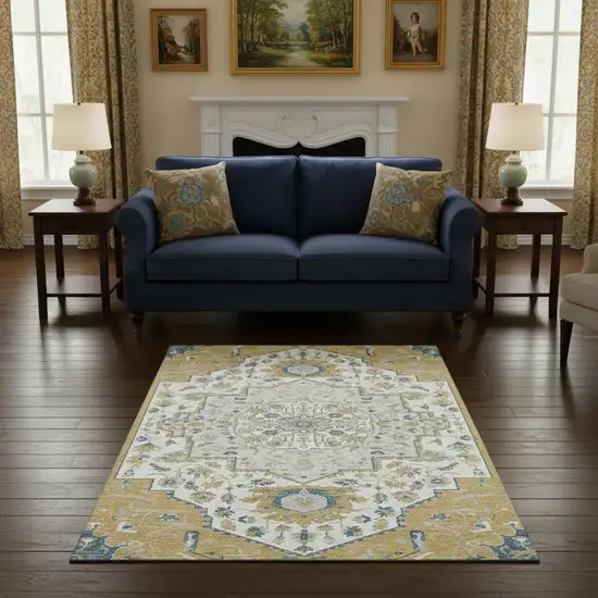 Gold Ivory And Blue Oriental Washable Area Rug With UV Protection Photo 2