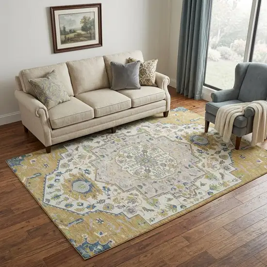 Gold Ivory And Blue Oriental Washable Area Rug With UV Protection Photo 1