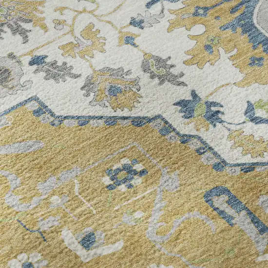 Gold Ivory And Blue Oriental Washable Area Rug With UV Protection Photo 9
