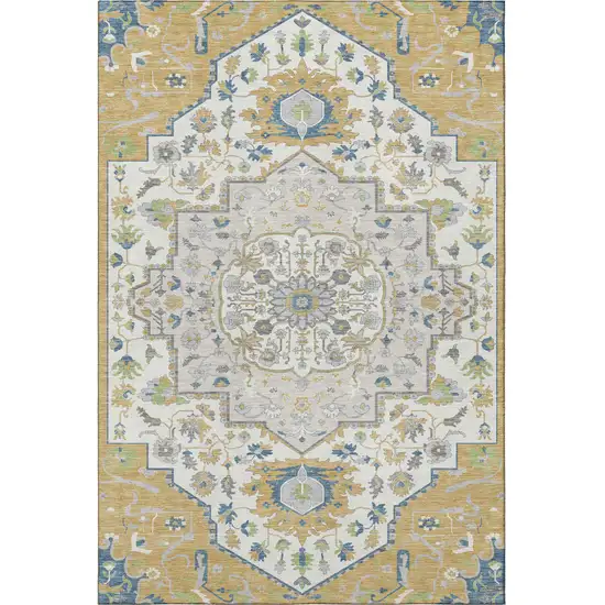 Gold Ivory And Blue Oriental Washable Area Rug With UV Protection Photo 3