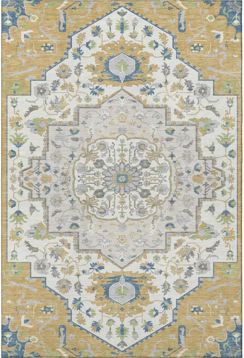 Gold Ivory And Blue Oriental Washable Area Rug With UV Protection Photo 3