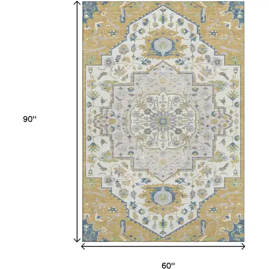 Gold Ivory And Blue Oriental Washable Area Rug With UV Protection Photo 8