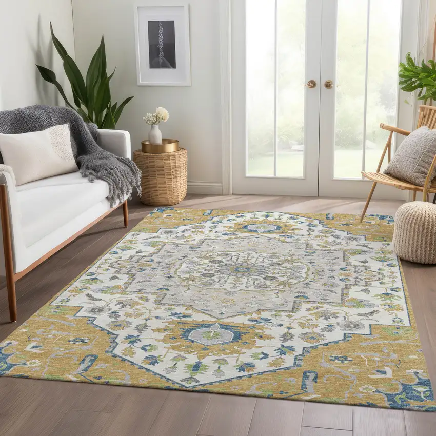 Gold Ivory And Blue Oriental Washable Area Rug With UV Protection Photo 5