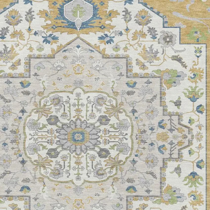 Gold Ivory And Blue Oriental Washable Area Rug With UV Protection Photo 2