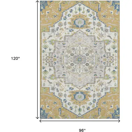Gold Ivory And Blue Oriental Washable Area Rug With UV Protection Photo 8