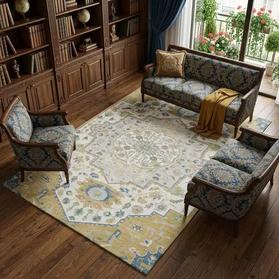 Gold Ivory And Blue Oriental Washable Area Rug With UV Protection Photo 1