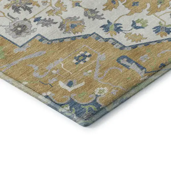 Gold Ivory And Blue Oriental Washable Area Rug With UV Protection Photo 7