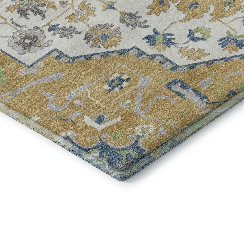 Gold Ivory And Blue Oriental Washable Area Rug With UV Protection Photo 7