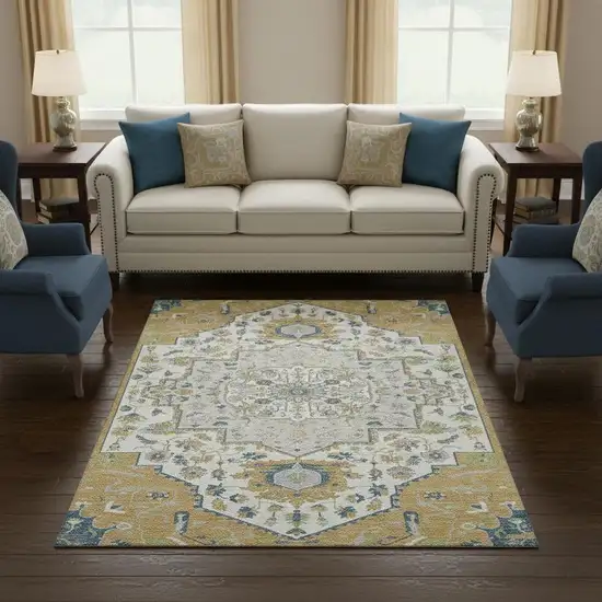 Gold Ivory And Blue Oriental Washable Area Rug With UV Protection Photo 2