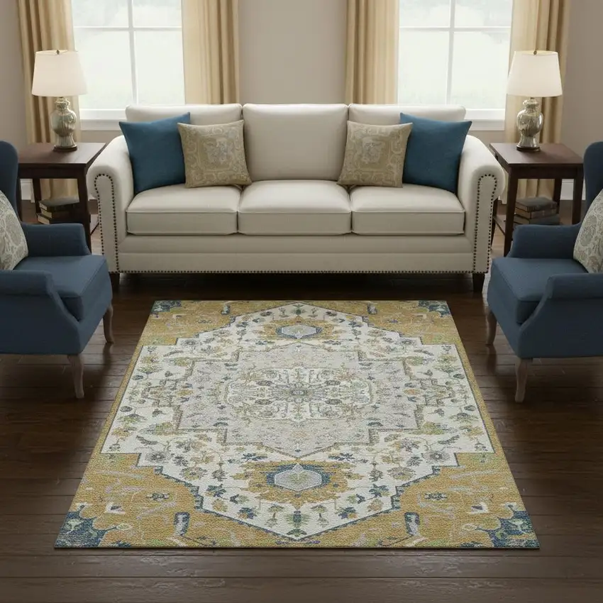 Gold Ivory And Blue Oriental Washable Area Rug With UV Protection Photo 2