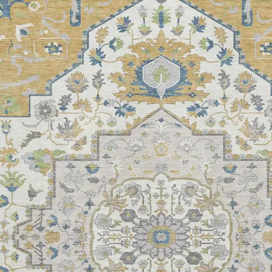 Gold Ivory And Blue Oriental Washable Area Rug With UV Protection Photo 2