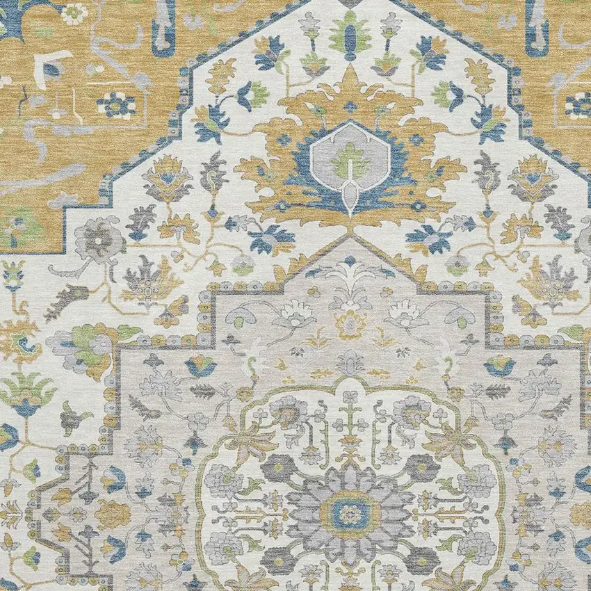 Gold Ivory And Blue Oriental Washable Area Rug With UV Protection Photo 2
