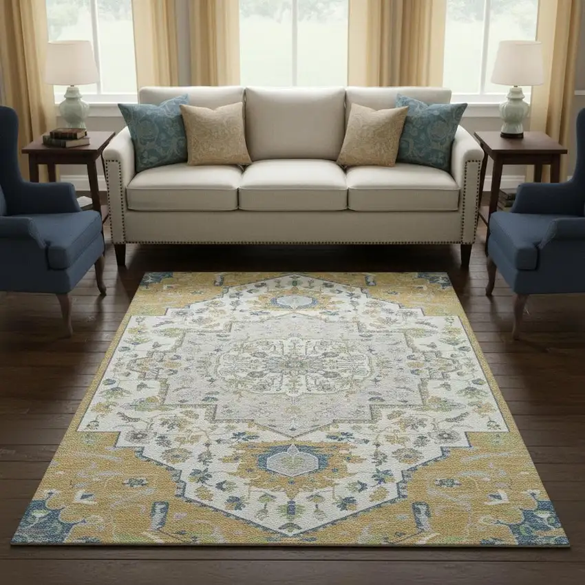 Gold Ivory And Blue Oriental Washable Area Rug With UV Protection Photo 2