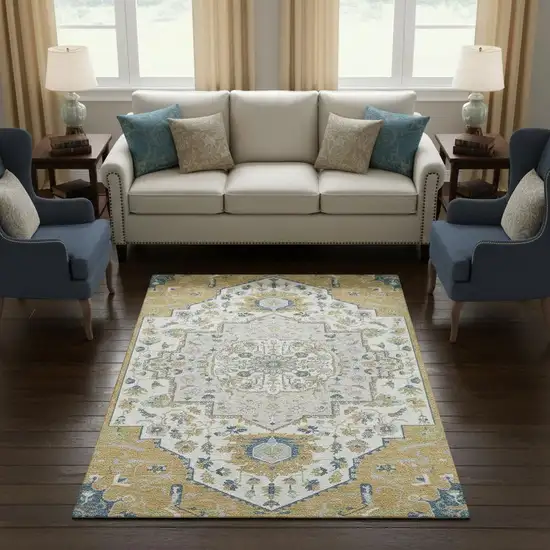 Gold Ivory And Blue Oriental Washable Area Rug With UV Protection Photo 2