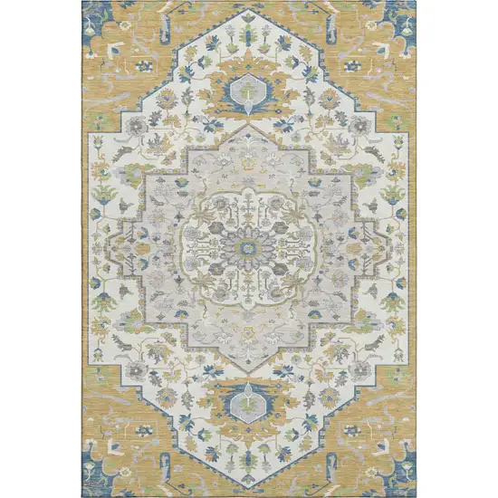Gold Ivory And Blue Oriental Washable Area Rug With UV Protection Photo 1
